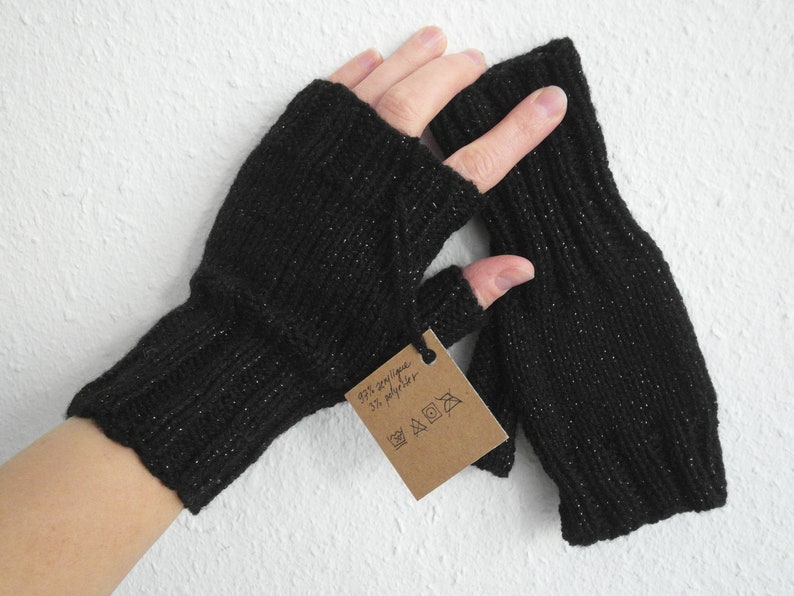 Elegant Warm Mittens in Shiny Black Soft Comfortable Acrylic Fingerless Gloves well fitting Hand Knitted Long Wrist Warmers with Thumb