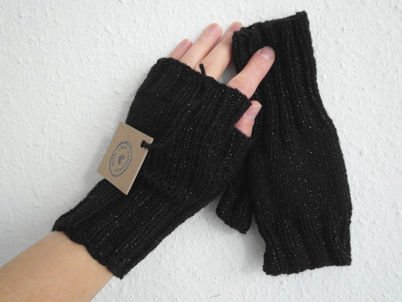Elegant Warm Mittens in Shiny Black Soft Comfortable Acrylic Fingerless Gloves well fitting Hand Knitted Long Wrist Warmers with Thumb