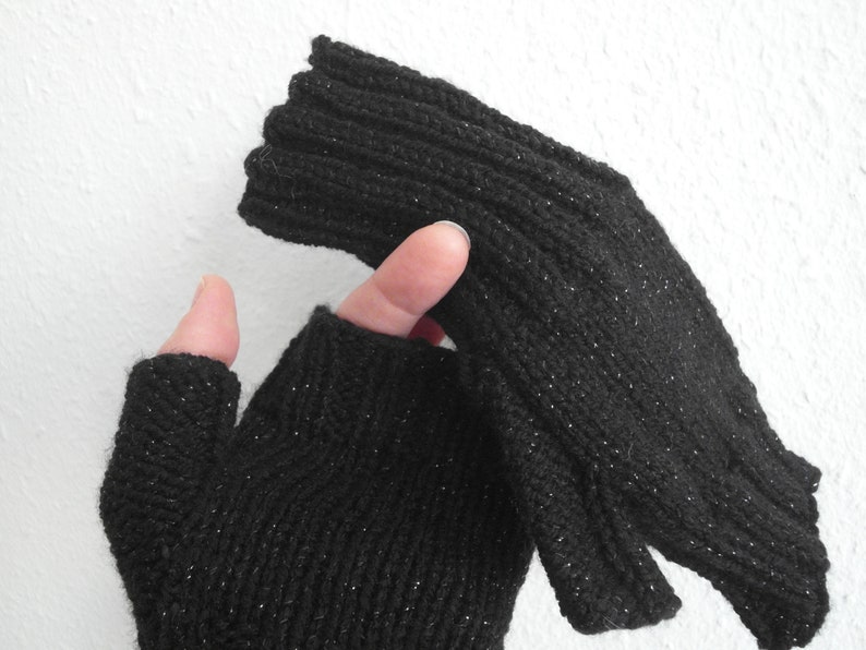 Elegant Warm Mittens in Shiny Black Soft Comfortable Acrylic Fingerless Gloves well fitting Hand Knitted Long Wrist Warmers with Thumb