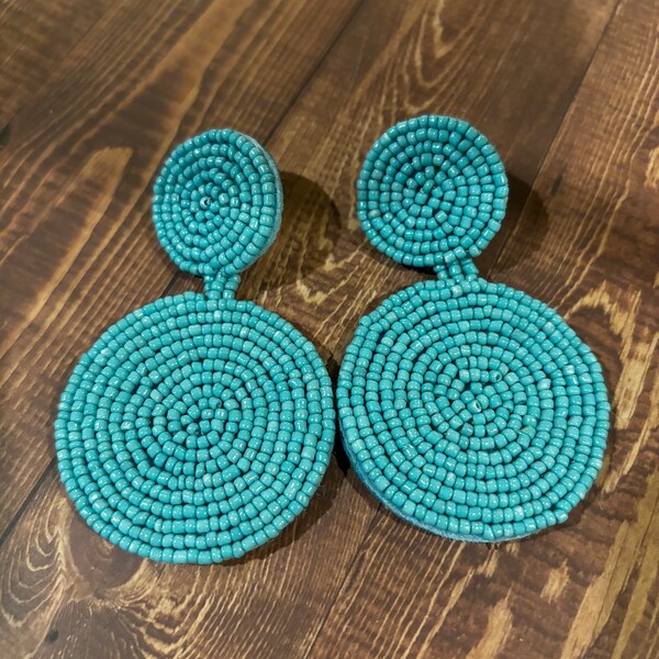 Bohemian style aqua beaded circle earring | circle drop earrings | baby blue turquoise | Summer fashion |