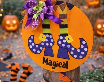 Whimsical Halloween Door Hanger – 19" Round Wood Sign with Witch Legs & Custom Wording – Weather-Resistant Outdoor Decor