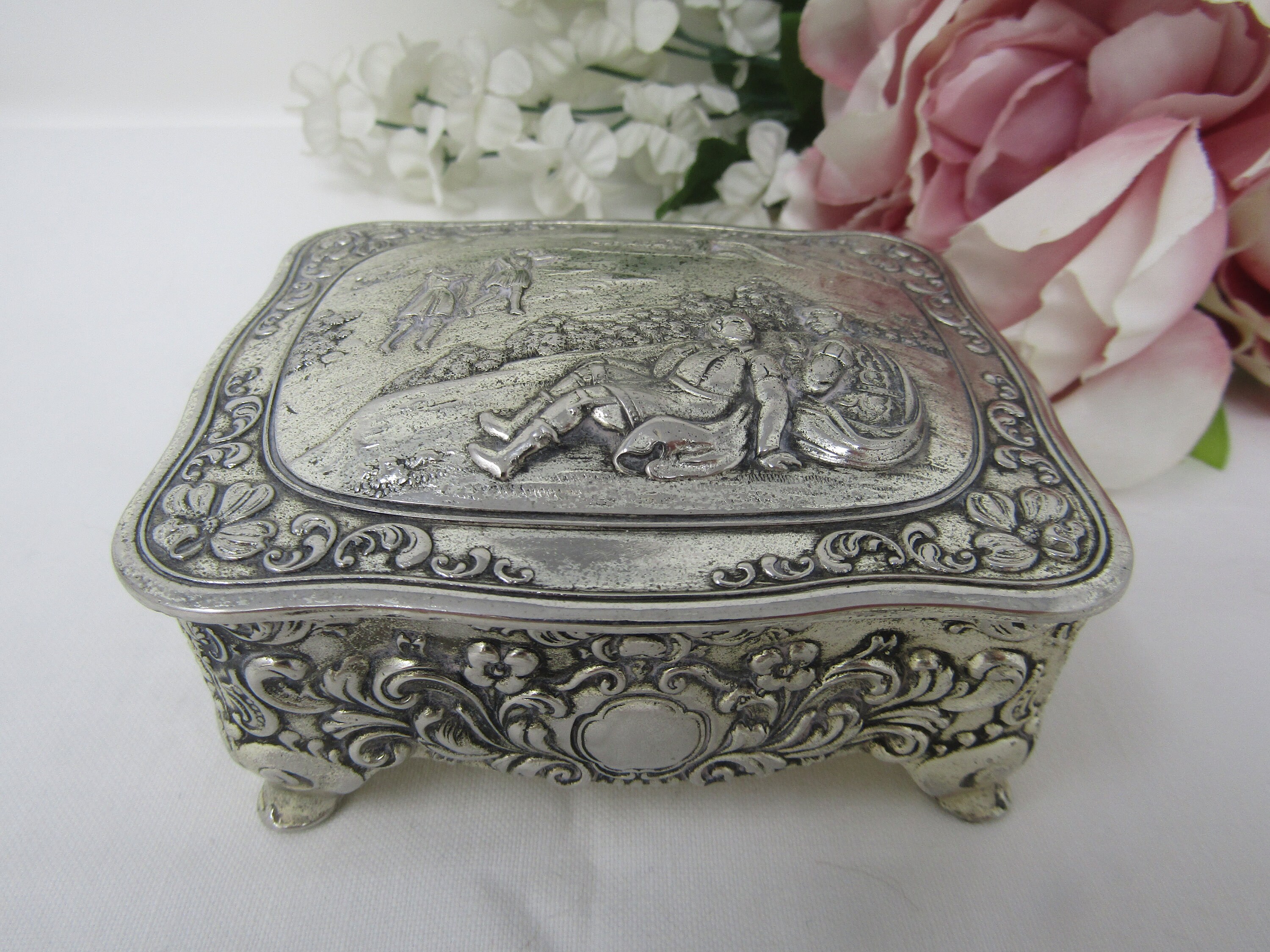 Vintage Silver Plated Trinket Box Country Scene Jewelry Box Etsy UK