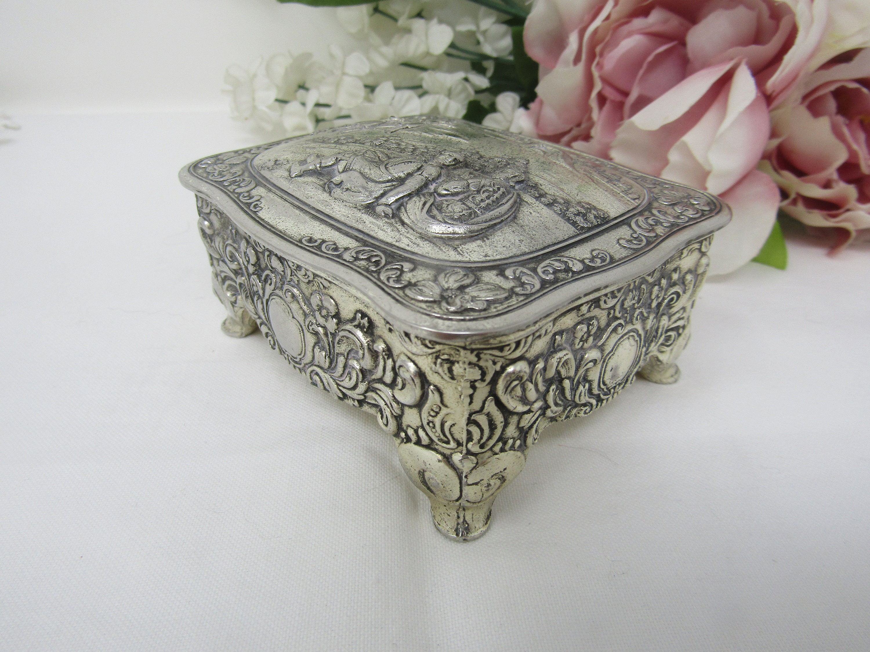Vintage Silver Plated Trinket Box Country Scene Jewelry Box Etsy UK