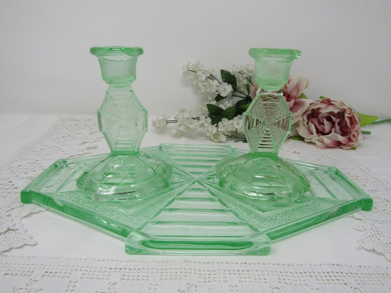 Art Deco Green Glass Vanity Set Candlesticks And Tray Slight Etsy
