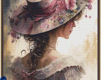 Romantic Lady Cross Stitch Pattern PDF, Victorian Woman with Floral Hat  Embroidery Chart.