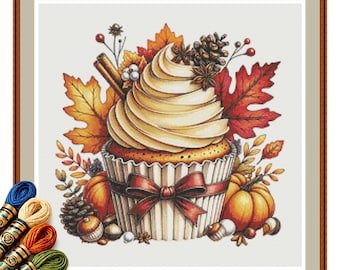 Cinnamon Harvest Cupcake Cross Stitch Pattern PDF, Fall Kitchen Decor, Thanksgiving Gift