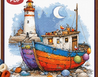 Lighthouse Cross Stitch Pattern Moon Night Coastal Embroidery PDF Seaside Scene