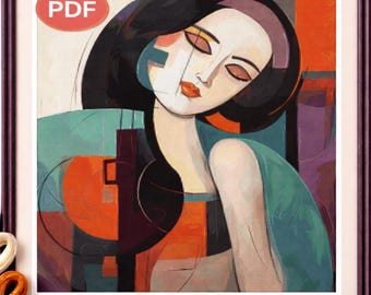 Portrait de femme abstrait, motif point de croix PDF, broderie de femme moderne