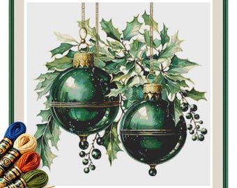 Emerald Holly Baubles Cross Stitch Pattern PDF, Elegant Green Christmas Ornaments