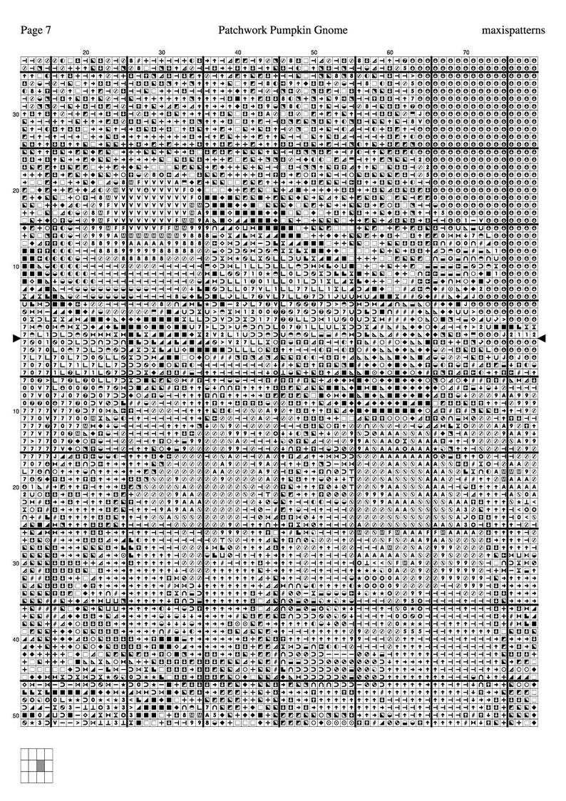 May include: A black and white cross stitch pattern chart titled Patchwork Pumpkin Gnome, page 7, by maxispatterns. The grid features various symbols including squares, triangles, plus signs, and letters arranged in rows and columns for embroidery.