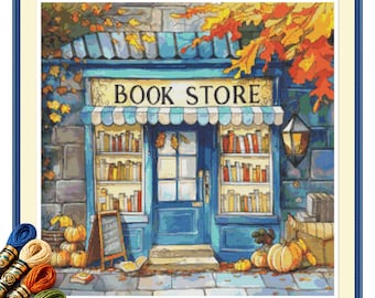 Herfstboekhandel kruissteekpatroon pdf, gezellige herfstboekwinkel, decor pompoenboekwinkel