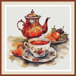 Tea Time 2, Cross stitch pattern, Counted cross stitch pattern, Hand embroidery pattern, PDF cross stitch pattern, Embroidery pattern