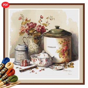 Kitchenware Cross Stitch Pattern PDF No4 : Rustic Floral Cookware Embroidery Chart