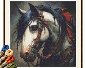 White Horse Cross Stitch Pattern PDF, Black Mane and Leather Saddle