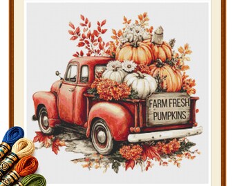 Farm Fresh Pumpkin Truck Cross Stitch Pattern PDF, Vintage Fall Farmhouse Embroidery Chart