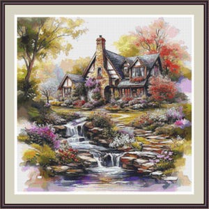 Near the Brook 1. Counted cross stitch pattern PDF, Landscape, Cottage, Floral landscape, Hand embroidery, Cross stitch chart.