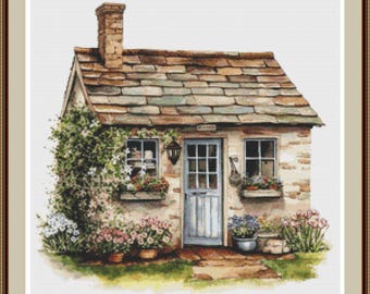 Tiny Flower Cottage Cross Stitch Pattern, Cozy Garden House PDF.