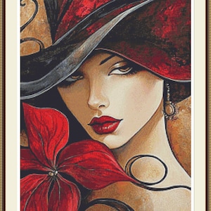 Lady with a Hat 2. Counted cross stitch pattern  PDF, Hadt with hat, Modern pattern, Home decor, Cross stitch chart, Hand embroidery.