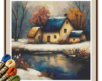 Blue Roof Winter Cottage by the Lake Cross Stitch Pattern PDF