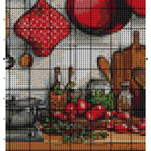 May include: A cross-stitch pattern titled Holiday Kitchen Pantry by maxispatterns, page 7. The grid displays symbols representing colors for red apples, green foliage, and brown textures, organized with numbered axes for precise embroidery stitching.
