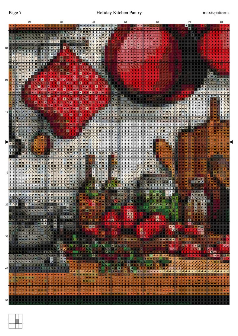 May include: A cross-stitch pattern titled Holiday Kitchen Pantry by maxispatterns, page 7. The grid displays symbols representing colors for red apples, green foliage, and brown textures, organized with numbered axes for precise embroidery stitching.