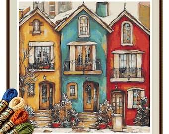 Snowy Balcony Townhouses Cross Stitch Pattern PDF