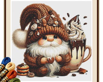 Hot Chocolate Gnome Cross Stitch Pattern PDF, Whipped Cream Needlework
