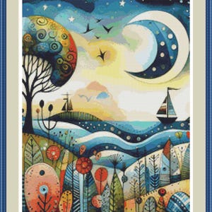 May include: A framed cross-stitch landscape featuring a stylized night scene. The artwork depicts a large crescent moon, stars, and birds flying over a sea with sailboats. The foreground includes colorful trees and flowers, with a color palette of blues, greens, and oranges.
