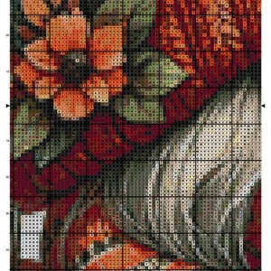 May include: A cross-stitch pattern chart titled Patchwork Pumpkin Gnome, Page 6, by maxispatterns. The grid features symbols in shades of orange, green, dark red, and cream, representing a pumpkin-themed design with a gnome figure.