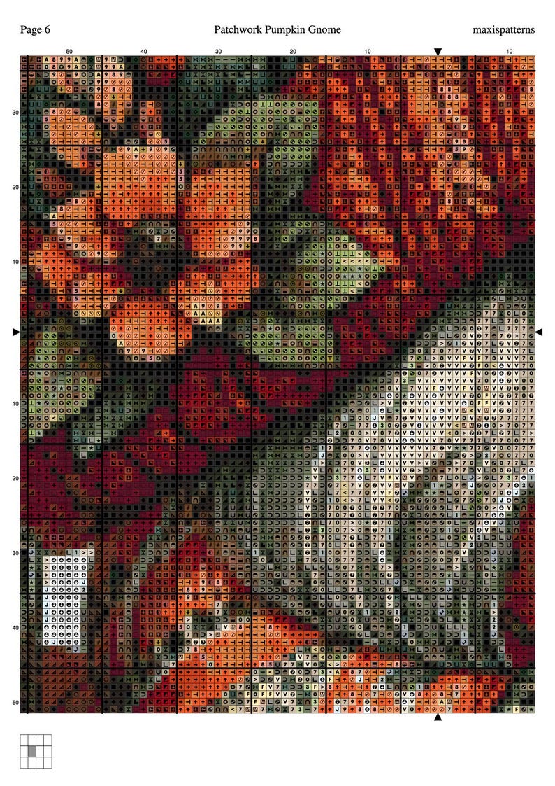 May include: A cross-stitch pattern chart titled Patchwork Pumpkin Gnome, Page 6, by maxispatterns. The grid features symbols in shades of orange, green, dark red, and cream, representing a pumpkin-themed design with a gnome figure.
