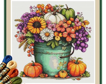 Autumn Pumpkin Bouquet Cross Stitch Pattern PDF, Floral Harvest Bucket