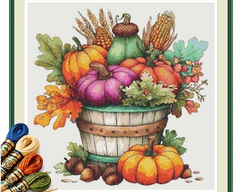 Autumn Harvest Basket Cross Stitch Pattern PDF, Pumpkins Corn and Gourds