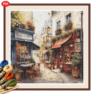 Cafe in Narrow Alley Cross Stitch Pattern Cozy Street Alley Scene No2