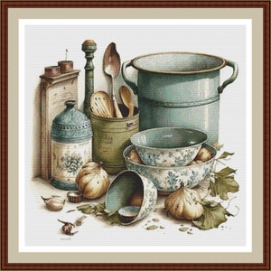 Kitchenware 1, Cross stitch pattern, Counted cross stitch, Hand embroidery pattern, PDF cross stitch chart, Cross stitch chart, PDF pattern.