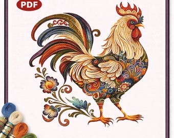 Motif de point de croix orné de coq, broderie décorative d'oiseau de poulet PDF