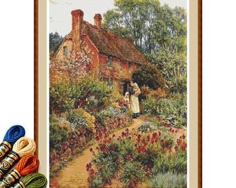 Mother and Children at the Cottage Door Cross Stitch Pattern PDF, Cottage Garden Scene.