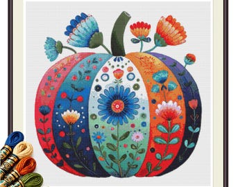 Boho Floral Pumpkin Cross Stitch Pattern PDF, Colorful Folk Art Decor