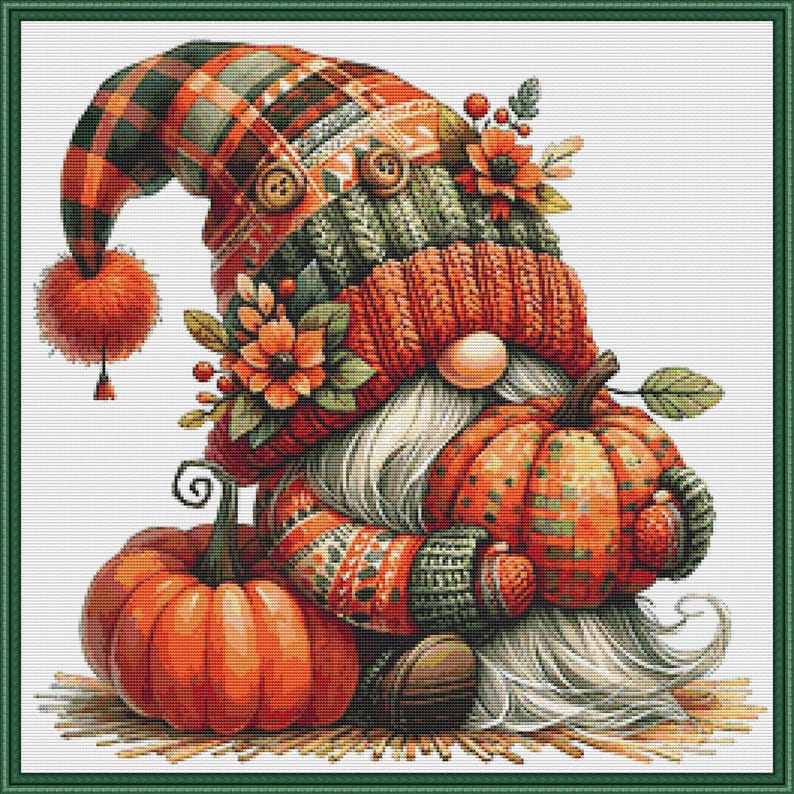 May include: A cross-stitch pattern featuring a gnome wearing a plaid and knit hat with buttons, pom-pom, and floral accents. The gnome has a long white beard and holds a pumpkin, with another pumpkin resting beside it on a straw-like base.