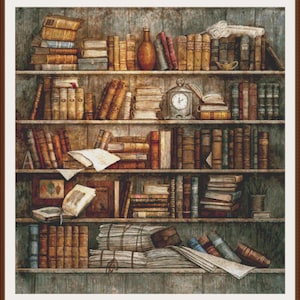 May include: A wooden bookshelf filled with antique books, with a clock, a bottle, and a lamp on the top shelf. The books are arranged in a variety of colors and sizes, and some are stacked on top of each other.