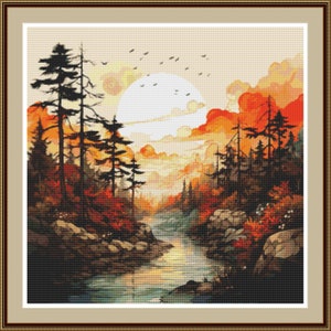 Sunset in the Forest 1.  PDF Cross stitch pattern, Landscape, Forest, Sunset, Modern pattern, Hand embroidery, Home decor.