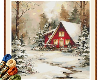 Snowy Woodland Cabin Cross Stitch Pattern PDF, Cozy Red Winter Retreat Instant Download