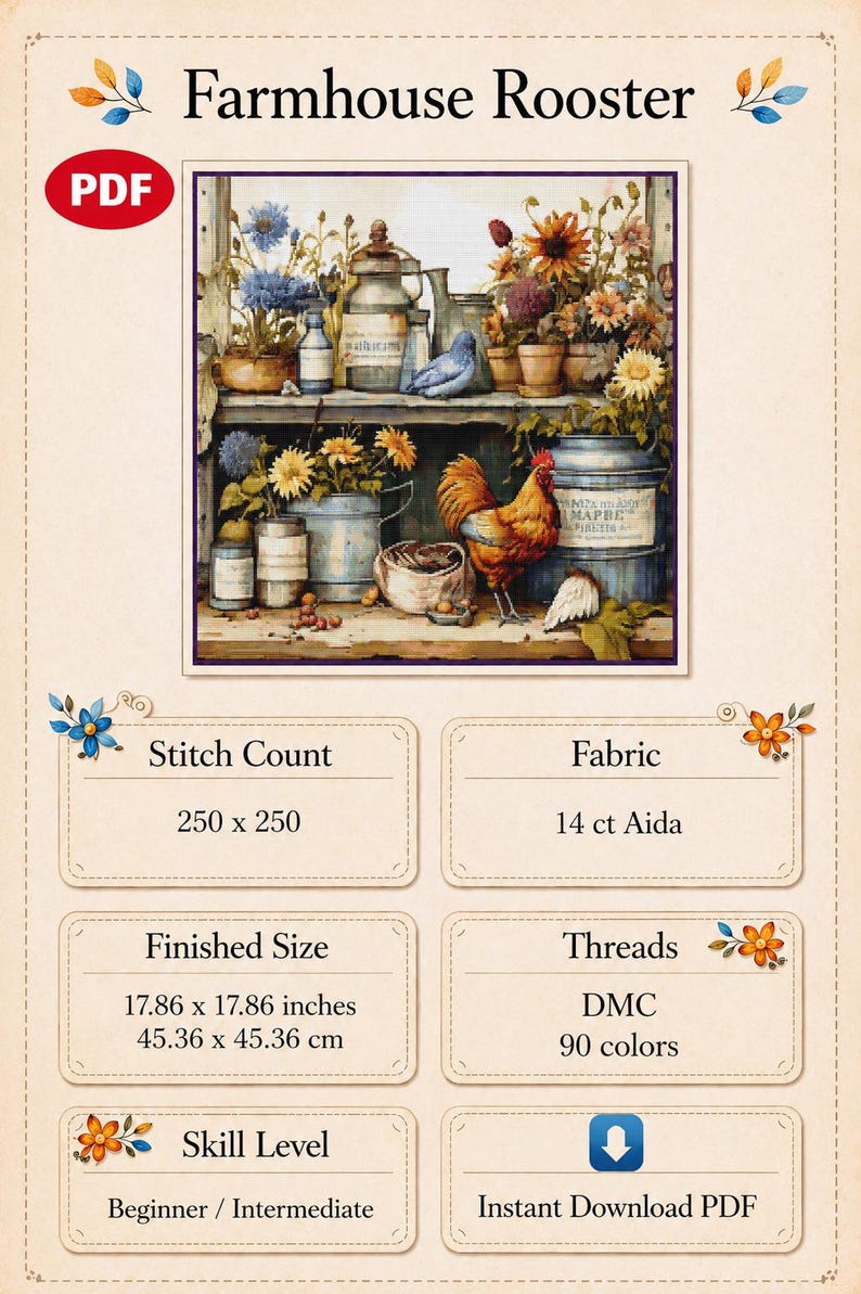Farmhouse Rooster Cross Stitch Pattern, Country Life Garden PDF. - Etsy