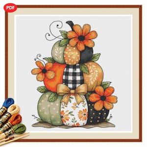 Whimsical Stacked Fall Pumpkins Cross Stitch Pattern PDF, Autumn Floral Pumpkin Decor