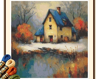 Snowy Blue Roof Cottage with Autumn Trees Cross Stitch Pattern PDF