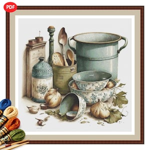 May include: A cross-stitch pattern featuring a collection of kitchenware including a large light blue pot, two patterned bowls, a tall canister, a green utensil holder with wooden spoons, and several garlic bulbs on a white background.