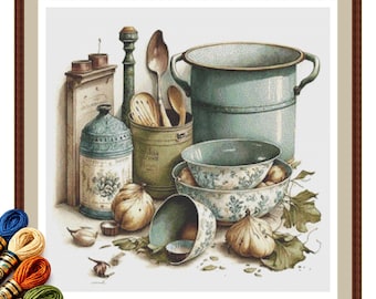 Kitchenware 1 Cross Stitch Pattern: Vintage Pots and Bowls Embroidery PDF.