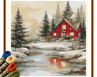 Snowy Red Cabin Cross Stitch Pattern PDF, Winter Stream and Pine Forest Landscape