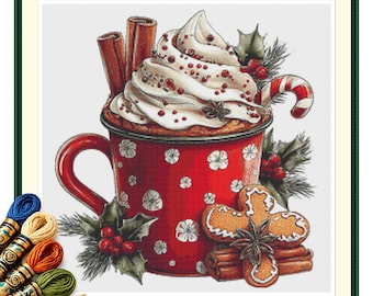 Gingerbread Cocoa Mug Cross Stitch Pattern PDF, Christmas Cinnamon and Holly