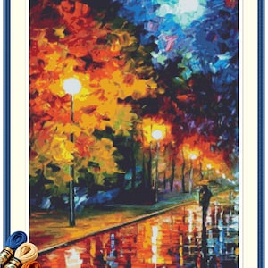 Blue Moon Cross Stitch Pattern:  Colorful Rainy Street Embroidery PDF Chart.