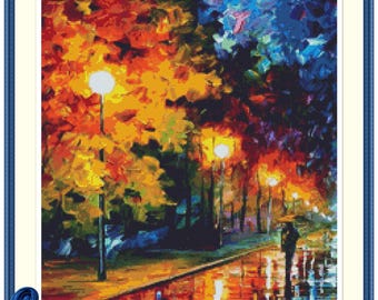 Blue Moon Cross Stitch Pattern:  Colorful Rainy Street Embroidery PDF Chart.